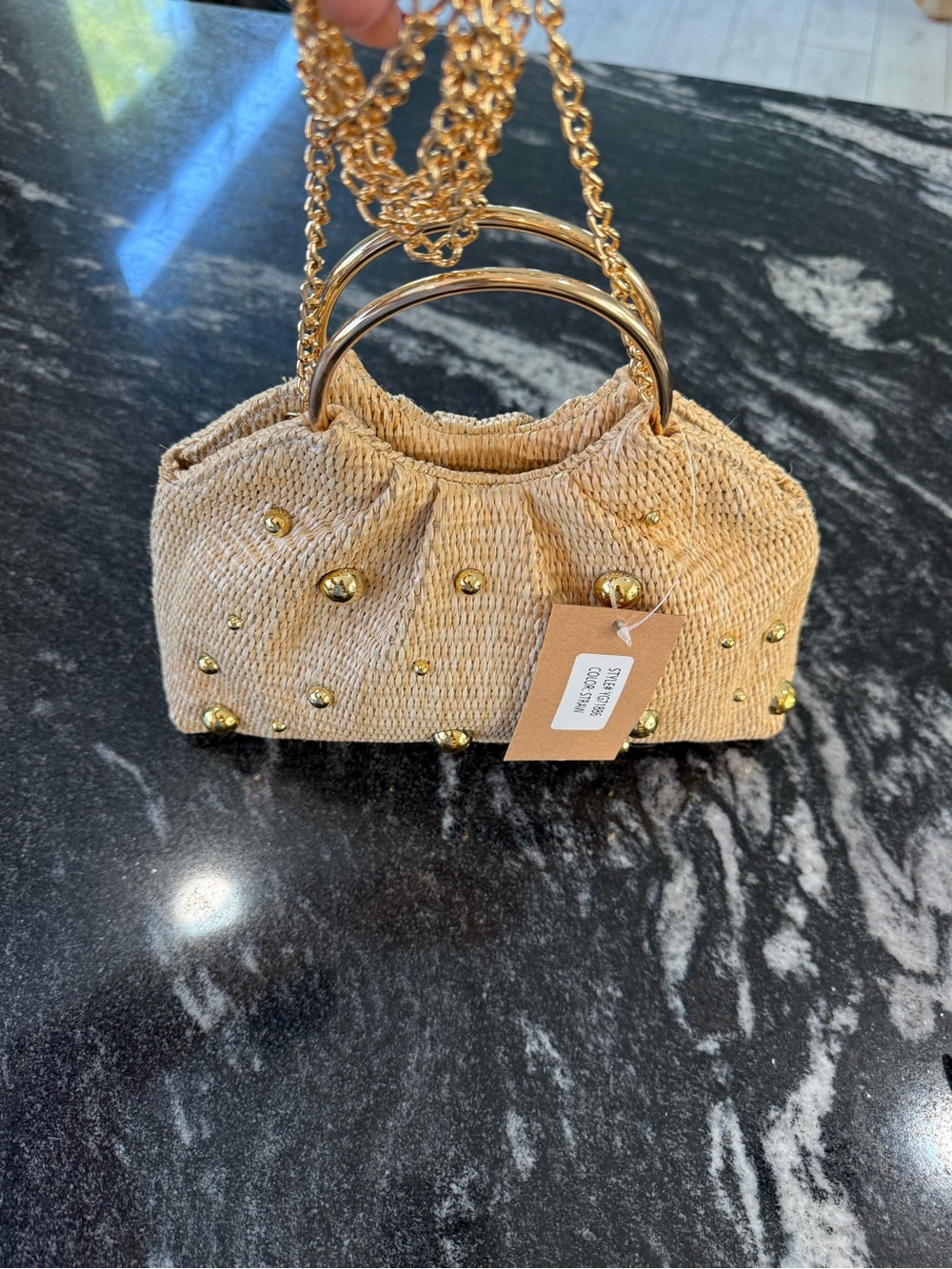 Savannah Natural Straw Mini Handbag with Gold Studs & Chain - Picture 8 of 14